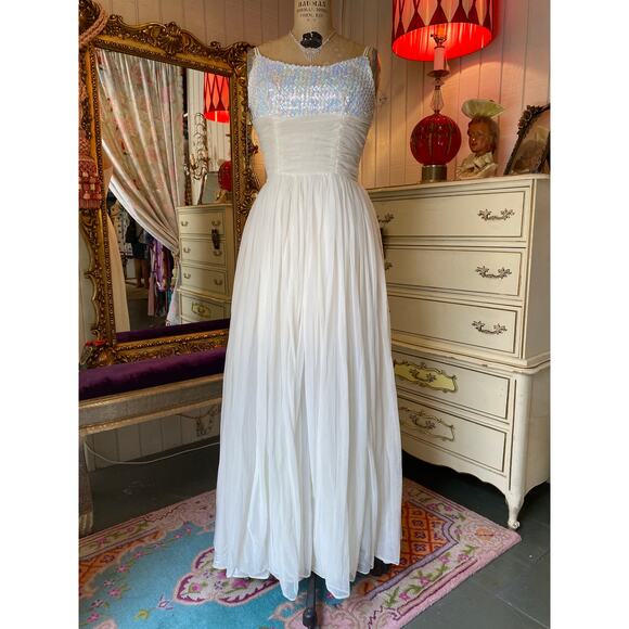 vintage 1960s white sequin and chiffon gown xs iridescent prom wedding formal 60 - Picture 2 of 12